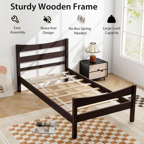 Vista 5 de Giantex - Marcos de cama individual de madera con cabecero, cama moderna con plataforma y soporte de listones de madera, espacio de almacenamiento