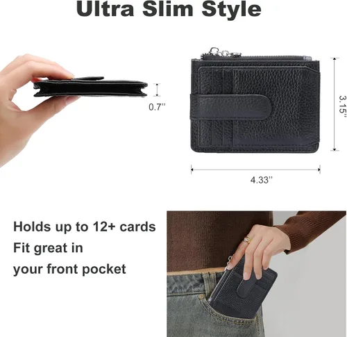 Vista 3 de Cartera delgada para mujer, de piel auténtica, tarjetero delgado con bloqueo RFID, carteras pequeñas