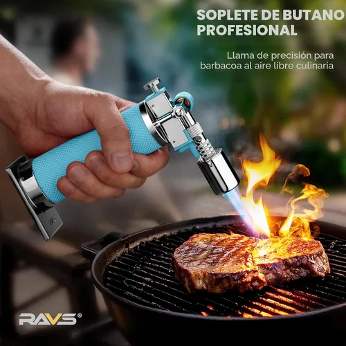 Vista 5 de RAVS Encendedor de butano, soplete de cocina recargable con llama ajustable y hebilla de seguridad, mini linterna de metal premium para hornear