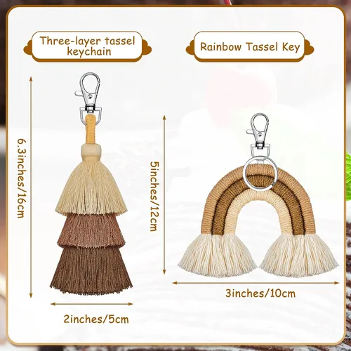 Vista 2 de 2 llaveros bohemios de arco iris con borlas y pompones para macramé para mujeres y niñas