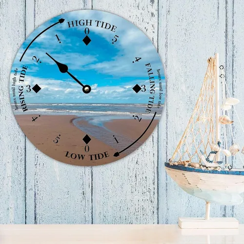 Vista 3 de Reloj de marea de madera, arena y nube, costa este, océano, reloj de marea de madera, marea alta y baja, para colgar en la pared, reloj