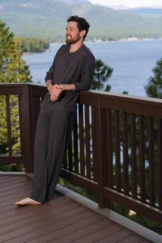 Vista 5 de PajamaGram Conjunto de pijama para hombre, clásico, 100% algodón Negro