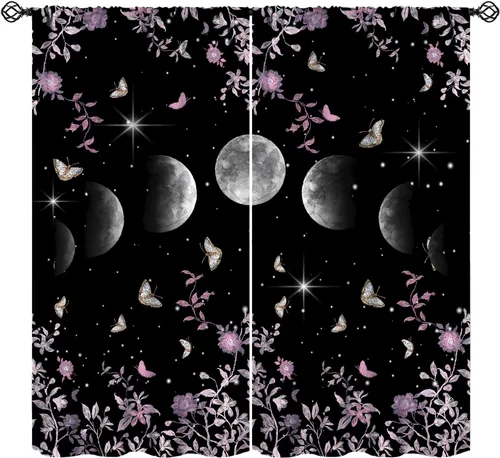 Vista 16 de Cortinas retro de luna, bosque mágico con hojas iluminadas por la luna, cortinas de plantas, diseño gótico floral de cielo estrellado para ventana