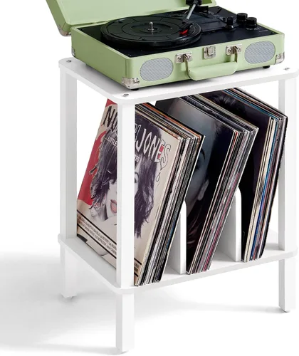 Vista 15 de LELELINKY Soporte para tocadiscos de 2 niveles con almacenamiento de discos de vinilo hasta 100 álbumes, soporte para discos de dormitorio y mesa