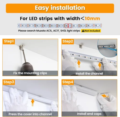 Vista 5 de Muzata Paquete de 10 canales LED en forma de V de 6.6 pies/6.6 ft con canal LED de aluminio plateado con cubierta blanca lechosa iluminación