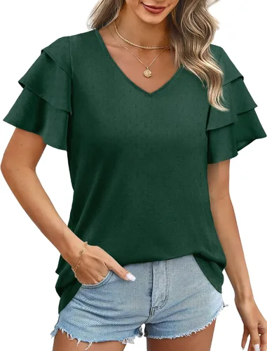 Vista 2 de Bofell Camisas y blusas de verano con cuello en V y mangas con volantes para mujer