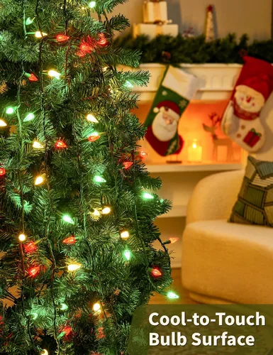 Vista 7 de BOHON Luces de Navidad rojas, blancas y verdes, tira de 50 luces LED facetadas C6 de 17 pies, enchufable, cable verde extensible, mini tira de luces