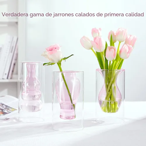 Vista 6 de ZENS Florero Pequeño de Flor Rosa Único, Florero de Vidrio Transparente Flotante Doble Hueco, Moderno Jarrón Decorativo Soplado a Mano Fresco