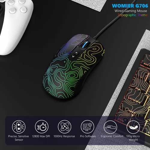 Vista 6 de Womier Ratón para juegos con cable, mouse de computadora RGB de 12800 DPI topográfico con 7 botones programables y 7 modos retroiluminados, software