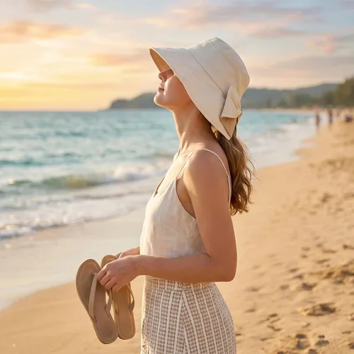 Vista 3 de Sombrero de sol de ala ancha para mujer, sombrero de pescador para exteriores con protección UV Beige