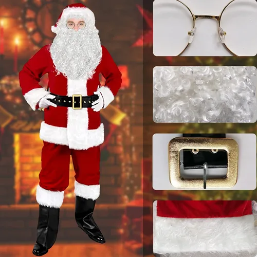 Vista 4 de AWZNG Traje de Papá Noel para adultos y hombres, disfraz de Papá Noel, 11 piezas, terciopelo profesional de lujo, para adultos, conjunto de cosplay