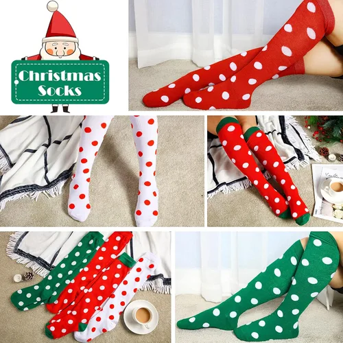 Vista 2 de SATINIOR 4 pares de calcetines altos hasta la rodilla, calcetines de Navidad con lunares hasta la rodilla, para mujeres y niñas, accesorios