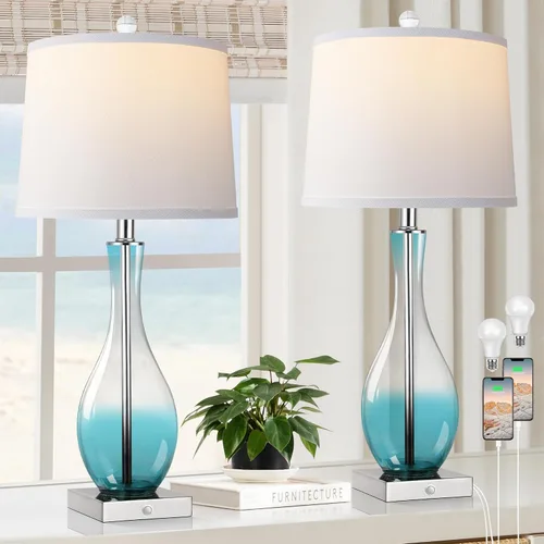 Vista 22 de Juego de 2 lámparas de mesa de cristal de 27 pulgadas con puertos USB, lámparas táctiles para mesita de noche 3-Way Dimmable,E26 Base, Bulbs