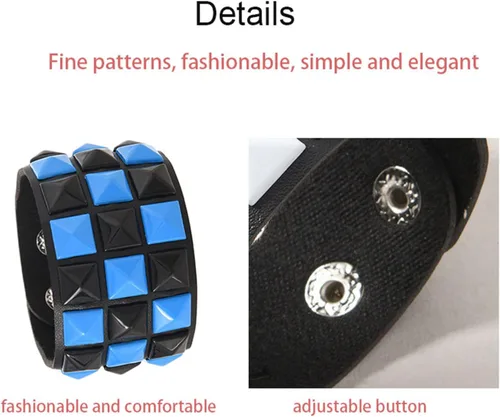Vista 2 de coadipress Pulsera de cuero punk con tachuelas para hombres y mujeres, 3 filas, punk, rock, negro, blanco, brazalete de motociclista, pulsera