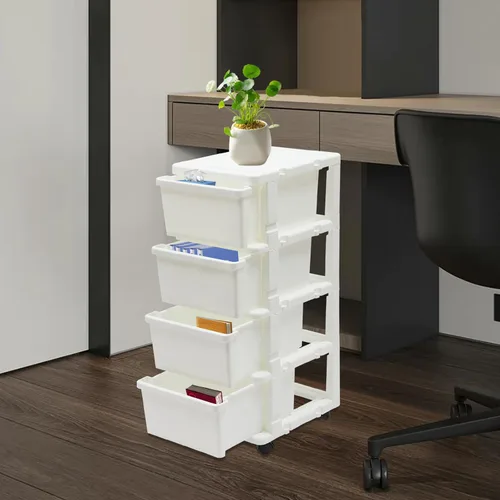 Vista 5 de Organizador de 4 cajones con bandeja superior, organizador de cajones de plástico con ruedas, organizador de escritorio, almacenamiento versátil