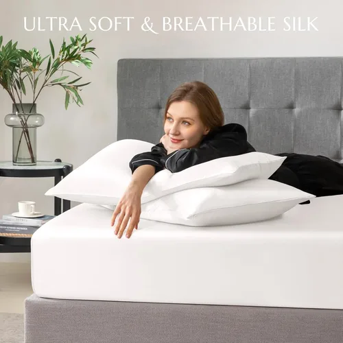 Vista 33 de THXSILK Juego de sábanas bajeras de 100% seda de morera, 3 piezas de seda 7A+, transpirable, suave, sábana bajera de 16 pulgadas de profundidad, 2