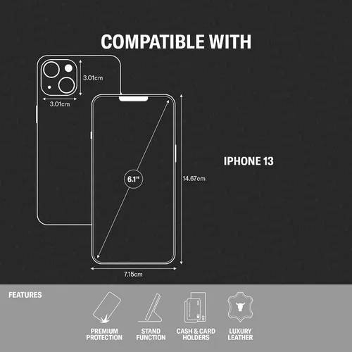 Vista 2 de TORRO Funda compatible con iPhone 13 – Funda de cuero premium tipo cartera con soporte y ranuras para tarjetas (negro)