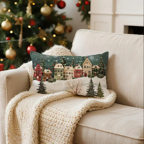 Vista 10 de Funda de almohada rectangular decorativa lumbar de invierno de 12 x 20 pulgadas, diseño de copos de nieve, casa del bosque de las maravillas, funda