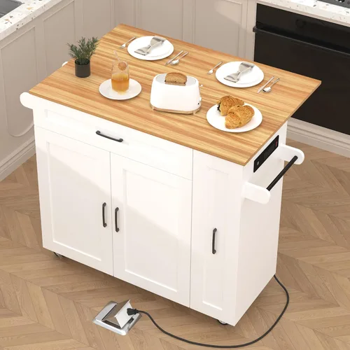 Vista 7 de Isla de cocina sobre ruedas, carrito de isla de cocina rodante con encimera de hojas caídas, carrito de islas modernas con tomas de corriente