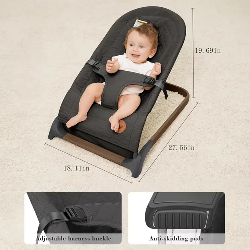 Vista 5 de ANGELBLISS Bouncer para bebés, asiento inflable portátil para bebés, asiento hinchable con tela de algodón, vibraciones naturales (antracita)