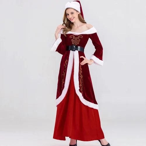 Vista 6 de Disfraz de Sra. Claus para mujer, 3 piezas, disfraces de Papá Noel, vestidos de terciopelo con hombros descubiertos, vestidos de fiesta de máscaras