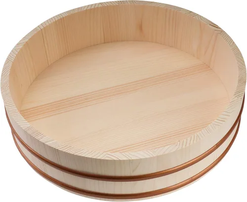 Vista 2 de Kichgather Tazón de arroz de madera para sushi con tapa Hangiri Sushi Oke Sushi Arroz Mezclador (10.6 pulgadas con tapa)