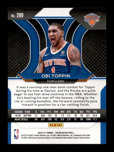 Vista 2 de Panini Prizm #280 Obi Toppin RC Rookie New York Knicks NBA Baloncesto 2020-21