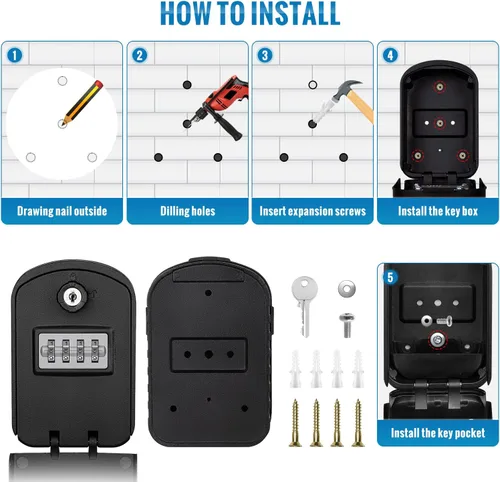 Vista 8 de Caja de seguridad para llaves con código, caja de bloqueo de llave de gran capacidad para montaje en pared exterior, resistente al agua, combinación