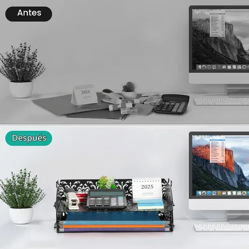 Vista 5 de EasyPAG, charola para escritorio de 2 niveles para cartas, diseño calado de flores, Negro
