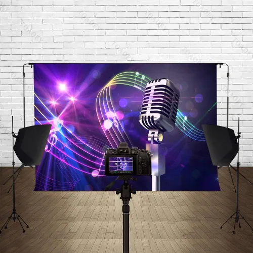 Vista 3 de Fondos de música de discoteca de 7 x 5 pies con símbolo de música, micrófono, fotografía, fondo, decoración, suministros de música, fiesta, cabina