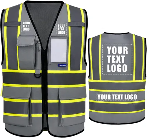 Vista 20 de AYKRM Chaleco de Seguridad de Construcción Personalizado con Logotipo Impreso de Alta Visibilidad Reflectante de 2 Tonos