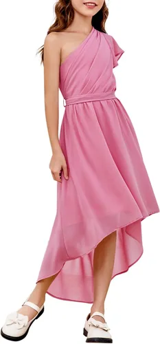 Vista 3 de rrhss Vestidos de flores para niñas con volantes de un hombro y vuelo, acampanado, sin mangas, lindos vestidos de fiesta de graduación de boda