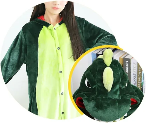 Vista 6 de ICNGLKSND Pijama unisex con capucha de animales para adultos, de una pieza, de dinosaurio, manga larga, felpa, cosplay, vestido de pijama de una