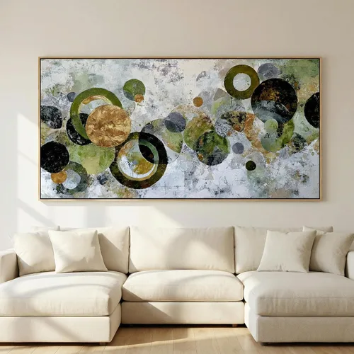 Vista 4 de JLXART Lienzo abstracto enmarcado, arte para la pared, moderno círculo verde dorado y negro, pintura colorida, obra de arte texturizada, lista