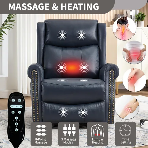 Vista 4 de Trustyue Silla reclinable de piel auténtica, reclinable manual con balancín giratorio, mecedora de masaje y calor, reclinable para guardería Azul