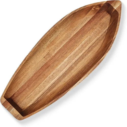 Vista 9 de Bandeja para servir Barco de la Suerte, plato de madera maciza de acacia con forma interesante para servir postres, frutas, aperitivos y ornamento