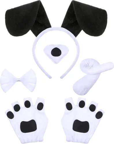 Vista 8 de Syhood Conjunto de disfraz de perro para cachorro, diadema con orejas de perro, corbatín, nariz, cola, guantes, accesorios de disfraz de animales