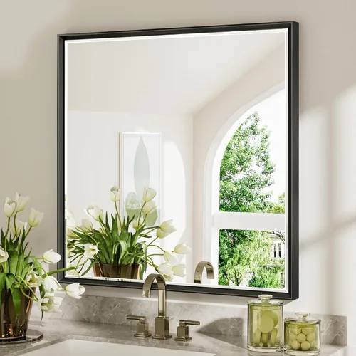 Vista 19 de Espejo de baño negro, espejo de baño biselado de 16 x 24 pulgadas para pared, espejo con marco negro antioxidante para decoración de baño, sala