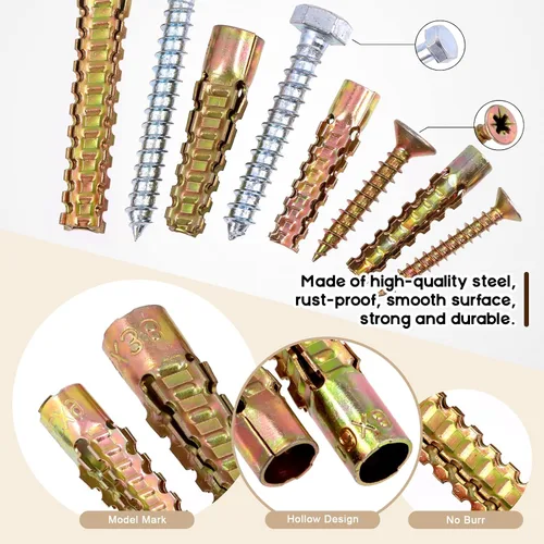 Vista 4 de Juego de 150 anclajes de pared de acero resistente con tornillos, 5 tamaños de anclaje de pared de acero en forma de árbol (M5 M6 M8 M10), tornillos