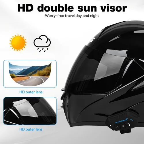 Vista 4 de Casco modular de motocicleta Bluetooth aprobado por DOT/ECE de cara completa, abatible, antivaho, doble visera, casco con altavoz dual integrado