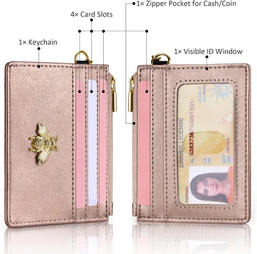 Vista 22 de SEAVILIA Tarjetero llavero cartera para mujer con ventana de identificación RFID monedero regalo abeja delgada minimalista pequeña cartera