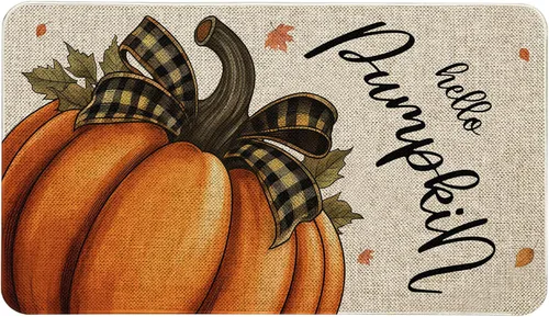 Vista 15 de Mloabuc Felpudo decorativo de otoño naranja con texto divertido de calabaza de bienvenida, tapete para interiores, decoración creativa de temporada