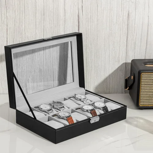 Vista 3 de Oyydecor Caja de reloj de piel sintética, organizador de almacenamiento de madera para almacenamiento y exhibición, regalos de hombres y mujeres