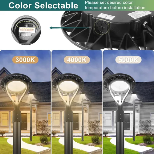Vista 4 de Luz LED de poste superior con fotocélula del atardecer al amanecer, 20W/30W/40W/60W vatiaje seleccionable, 3000K/4000K/5000K CCT sintonizable, luces