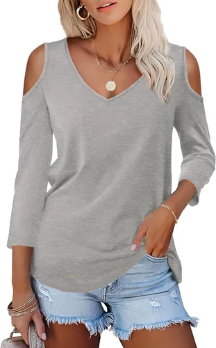 Vista 6 de Amoretu - Camisetas de manga corta con hombros descubiertos, cuello en V, blusa y túnica para mujer A: Negro