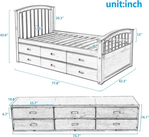 Vista 2 de Merax Cama de almacenamiento de plataforma de tamaño individual Cama de madera maciza con 6 cajones