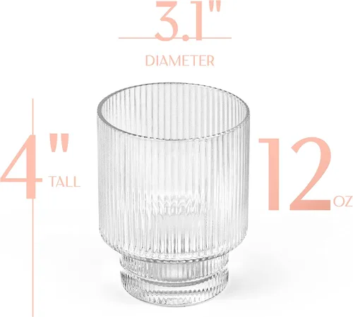 Vista 2 de GLASSIQUE CADEAU Vasos de cóctel vintage Art Deco acanalados, juego de 4, vasos dobles de cristal de 12 onzas para beber whisky clásico, ginebra