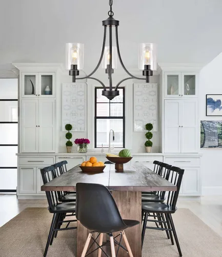 Vista 5 de BOZO Candelabro negro de 3 luces para comedor sobre mesa, lámpara de entrada para vestíbulo, accesorios de iluminación de pasillo con pantalla