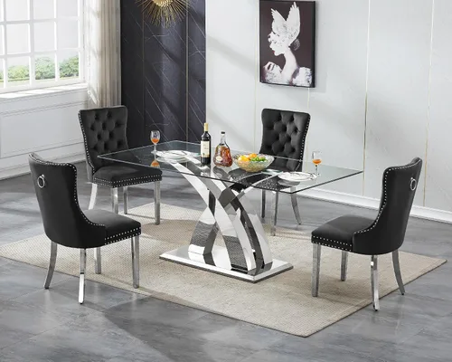 Vista 20 de Juego de mesa de comedor de cristal plateado moderno de 70 pulgadas para 4, juego de mesa de comedor rectangular de 5 piezas con patas de acero