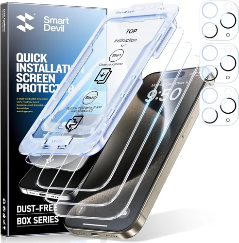 Vista 15 de SMARTDEVIL Paquete de 3 protectores de pantalla para iPhone 14 Pro Max con 3 protectores de lente de cámara, película de vidrio templado